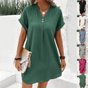 Fashion V-neck Short-sleeved Dress Casual Solid Strip Button