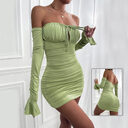 Fashion Slim Off-shoulder Long Sleeve Dress Sexy Tie