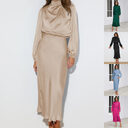 Elegant Temperament Long-sleeved Dress Satin Halterneck Formal Evening
