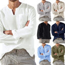 Men's Long Sleeve V-neck Casual Beach Linen Shirt