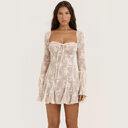 Lace Square Collar Dress Bell-bottom Long Sleeve Tied