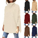 Turtleneck Sweater Mid Length Batwing Sleeve Slit Hem