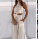 Summer Suits Casual Sleeveless Midriff-baring Top And Wide