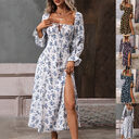 Flowers Printing Long Sleeve Dress Fashion Square-neck Bottom
