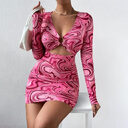 Sexy Long Sleeve Printed Hollow Out V-neck Slim