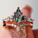 2pcs Fashion Rings Natural Green Moss Stone Agate