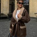 Leather And Fur Korean Style Long Sleeve Splicing