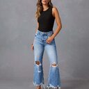 European And American Water Washed Hole High Waist