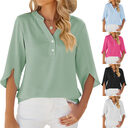 Button V-neck Mid-sleeve Chiffon Shirt Solid Color Top