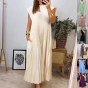 Short Sleeve Pleated Long Dress Summer Round Neck