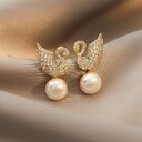 Sterling Silver Needle Korean Swan Zircon Pearl Stud