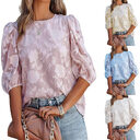 Women's Puff Sleeve Chiffon Loose Top Flower Texture