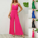 V-neck Suspender Pleated Jumpsuit Solid Color Loose Straight