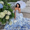 Floral Off-the-shoulder Strap Lace-up Large Swing Skirt Organza