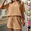 New Waffle Suit Women's Bat Sleeve Short-sleeved Crew-neck