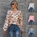 Leopard Print V-neck T-shirt Fashion Loose Long Sleeve