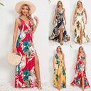 V-neck Floral Print Long Dress Summer Fashion Waist