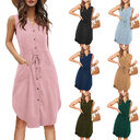 Sleeveless V-neck Buttoned Dress With Pockets Fashion Casual