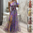Mesh Tie-dye Printed Off-shoulder Slit Dress Summer INS