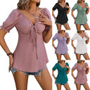V-neck Drawstring Design Short-sleeved Top Summer Solid Color