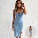 New U-neck Suspender Denim Dress Summer Casual Tight