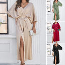 Fashion Bat Sleeve Long-sleeved V-neck Dress With Split