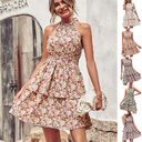 Summer Printed Halter Dress Fashion Boho Backless Ruffled