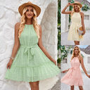 Solid Color Halterneck Dress Summer Casual Lace Tie