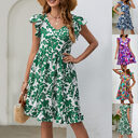 Leaf Print Dress Summer V-neck Ruffled Sleeveless A-Line