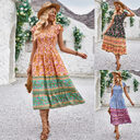 New Flowers Print V-neck Dress Summer Casual Ruffle