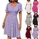 Summer U-neck Short-sleeved Dress With Button Design Fashion