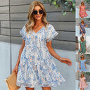 Flowers Print Short-sleeved Dress Summer Loose Chiffon A-line