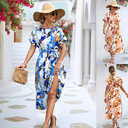 Summer Print Short-sleeved Dress Loose Lace-up A-line Long
