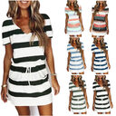 Striped Print Short-sleeved Dresses Summer Fashion V-neck Drawstring