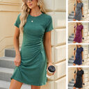 Round-neck Short Sleeve Dress Summer Casual Solid Color