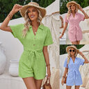 Women's Short-sleeved Shorts Jumpsuit Lace-up Turn-down Collar Solid