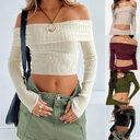 Boat Neck Long Sleeve Knitted Sweater Off-shoulder Crop