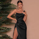 Woven Single Shoulder Fishbone Waistband Slit Dress
