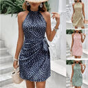 Summer Halterneck Printed Dress With Tied-waist Design Women's