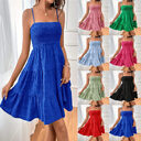 Summer Square-collar Suspender Pleated Dress Fashion Solid Color