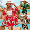 2pcs Casual Holiday Leaves Print Suit Summer Short