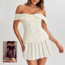 Elegant Suit Double-breasted Off-shoulder Top And Pleated Skirt