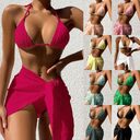 3pcs Halterneck Swimsuit Set Beach Solid Color Sexy