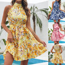 New Flowers Print Halterneck Dress Summer Fashion Temperament