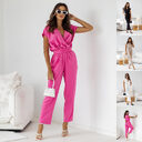 Fashion Solid Color Slimming Short-sleeved Jumpsuit Summer Lace-up