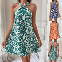 Fashion Leaf Print Halterneck Dress Summer Sexy Backless