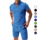 2Pcs Casual Waffle Suit Summer Zipper Lapel Short-sleeved