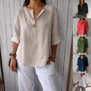 V-neck Long-sleeved T-shirt Fashion Loose Cotton And Linen