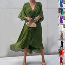 Batwing Sleeve V-neck Dress Summer Pure Color Tied