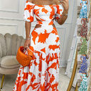 Printed One-line Collar Short-sleeved Long Dress With Hollow